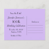 Sparen de DATUM 100e Paars Bloemen van de Partij v Aankondigingskaart (Achterkant)