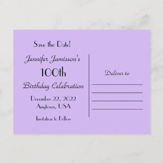 Sparen de DATUM 100e Paars Bloemen van de Partij v Aankondigingskaart (Achterkant)