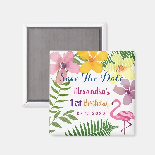 Sparen de Datum 1st Birthday Luau Roze Flamingo Magneet (Voorkant / Achterkant)