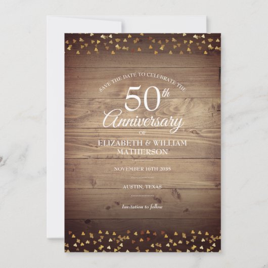 Sparen de Datum 50e Jubileum Rustic Gold Hearts Kaart (Voorkant)