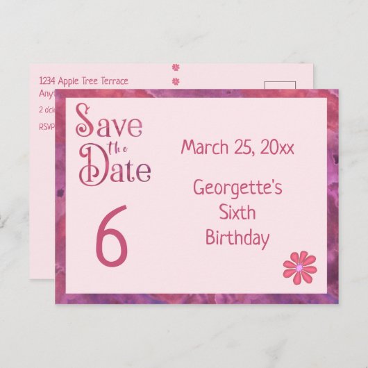 Sparen de Datum 6e verjaardag van een Meisje Aankondigingskaart (Voorkant / Achterkant)