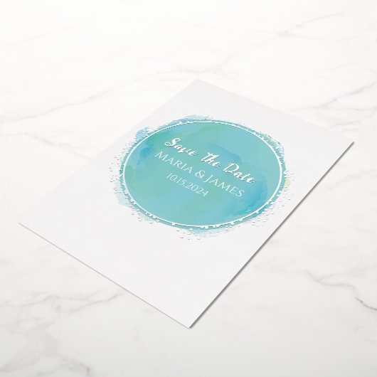 Sparen de Datum Aqua Blauwgroen Waterverf met Zilv Folie Uitnodiging (Gedraaid)