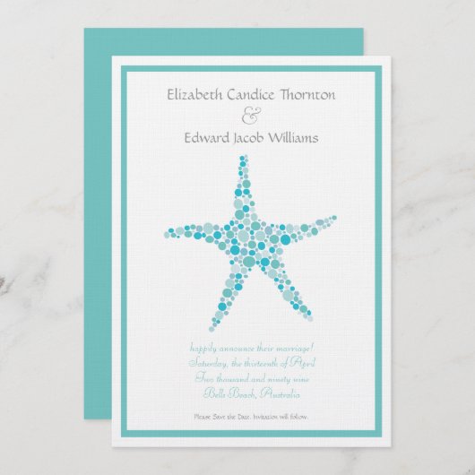 Sparen de Datum Aqua Turquoise Starfish Aankondigi Kaart (Voorkant / Achterkant)