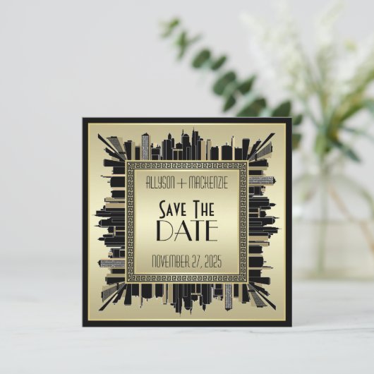 Sparen de Datum Art Deco Champagne Gold Gatsby Gla Kaart (Staand voorkant)
