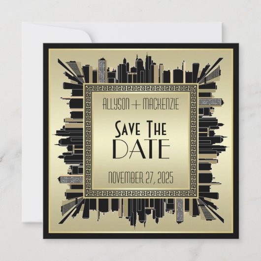Sparen de Datum Art Deco Champagne Gold Gatsby Gla Kaart (Voorkant)