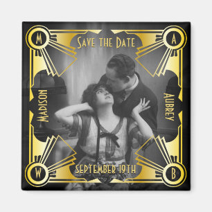 Sparen de Datum Art Deco Wedding Gold & Zwarte Fot Magneet