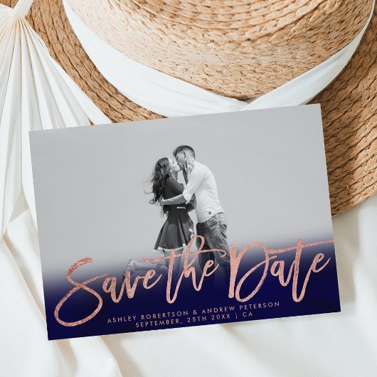 Sparen de Datum blauw roos goudfoto van de marine Aankondigingskaart