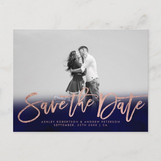 Sparen de Datum blauw roos goudfoto van de marine Aankondigingskaart (Voorkant)