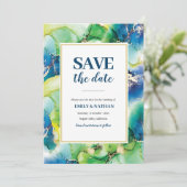Sparen de datum blauwe, groene en goudinkse Uitnod Kaart (Staand voorkant)