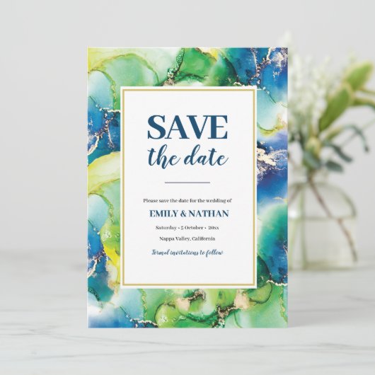 Sparen de datum blauwe, groene en goudinkse Uitnod Kaart (Staand voorkant)