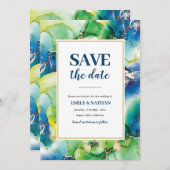Sparen de datum blauwe, groene en goudinkse Uitnod Kaart (Voorkant / Achterkant)