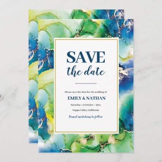 Sparen de datum blauwe, groene en goudinkse Uitnod Kaart (Voorkant / Achterkant)
