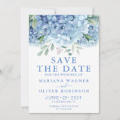 Sparen de Datum Blauwe Hydrangeas Floral Wedding Kaart (Voorkant)