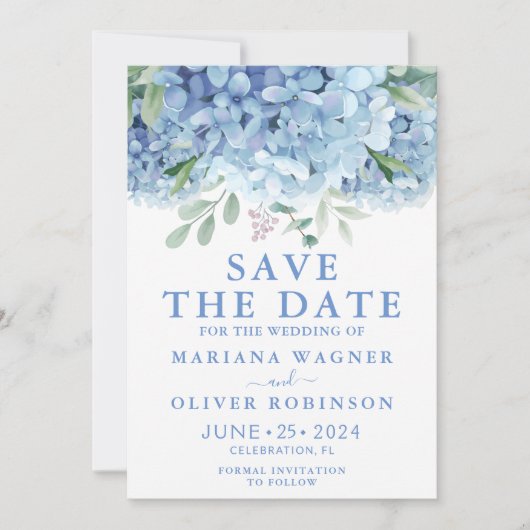 Sparen de Datum Blauwe Hydrangeas Floral Wedding Kaart (Voorkant)