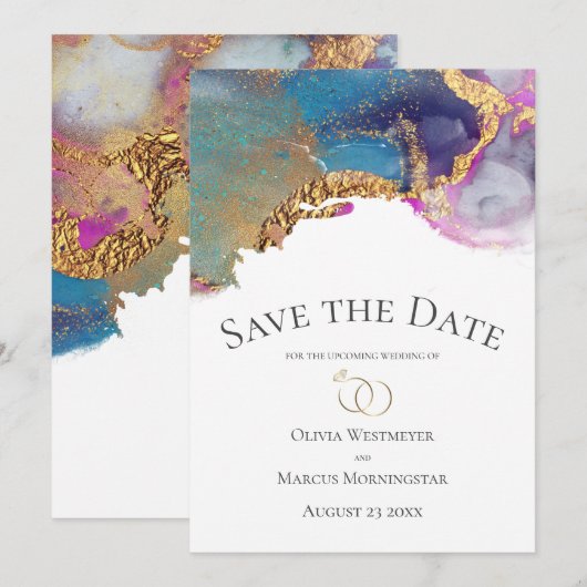 Sparen de Datum Blauwe Magenta Paarse Gold Ink Kaart (Voorkant / Achterkant)