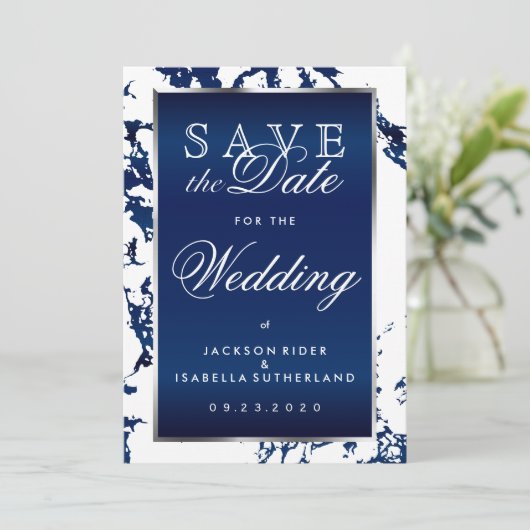 Sparen de Datum Blauwe Marmer van de Zeemacht, Wit Save The Date (Staand voorkant)