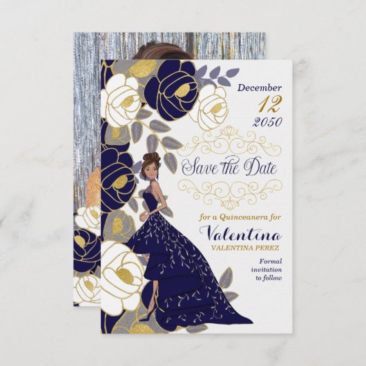 Sparen de Datum Blauwe Quinceanera Floral Save The Date (Voorkant / Achterkant)