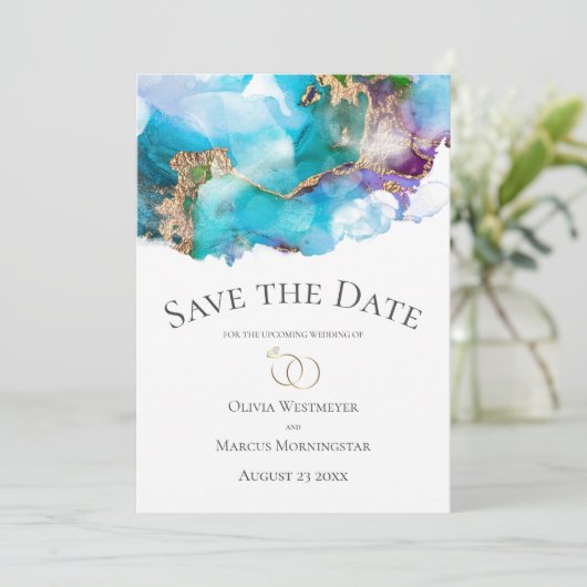 Sparen de Datum Blauwgroen Abstracte Amethyst Gold Kaart (Staand voorkant)