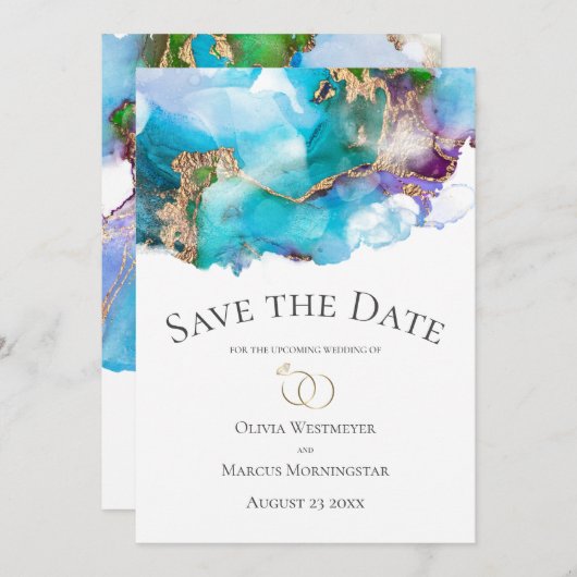 Sparen de Datum Blauwgroen Abstracte Amethyst Gold Kaart (Voorkant / Achterkant)