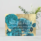 Sparen de Datum Blauwgroen Blauw Wreath goud Save The Date (Staand voorkant)