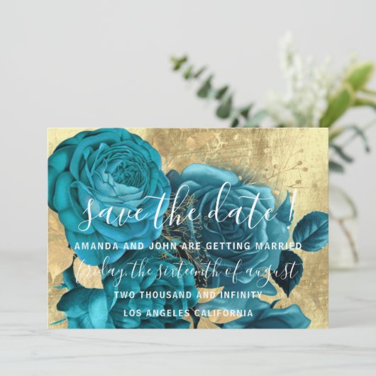 Sparen de Datum Blauwgroen Blauw Wreath goud Save The Date (Staand voorkant)