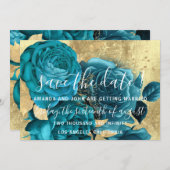 Sparen de Datum Blauwgroen Blauw Wreath goud Save The Date (Voorkant / Achterkant)