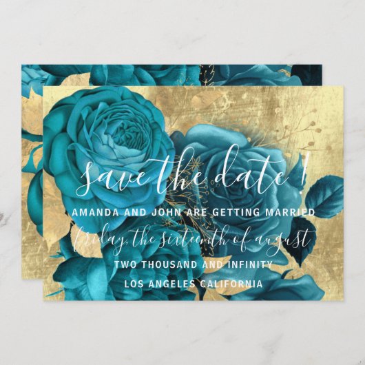 Sparen de Datum Blauwgroen Blauw Wreath goud Save The Date (Voorkant / Achterkant)