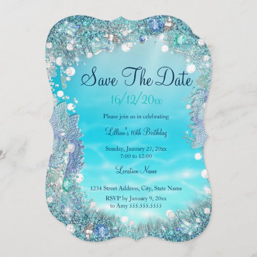 Sparen de Datum Blauwgroen Blauwe Zeeoorten Save The Date (Voorkant / Achterkant)