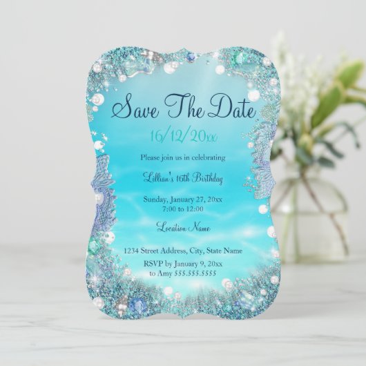 Sparen de Datum Blauwgroen Blauwe Zeeoorten Save The Date (Staand voorkant)