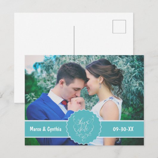 Sparen de Datum Blauwgroen Foto Aankondigingskaart (Voorkant / Achterkant)