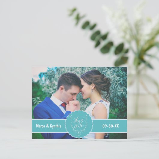 Sparen de Datum Blauwgroen Foto Aankondigingskaart (Staand voorkant)