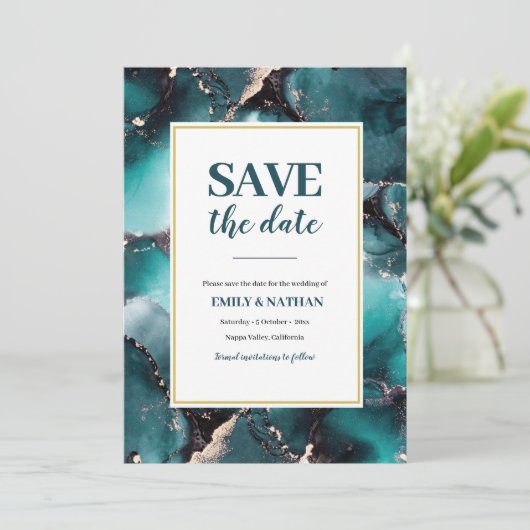 Sparen de datum blauwgroen groene inktuitnodiging kaart (Staand voorkant)