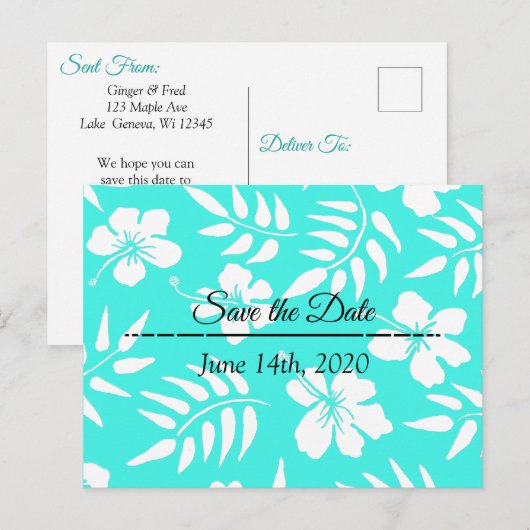 Sparen de Datum Blauwgroen Hibiscus Tropical die w Briefkaart (Voorkant / Achterkant)
