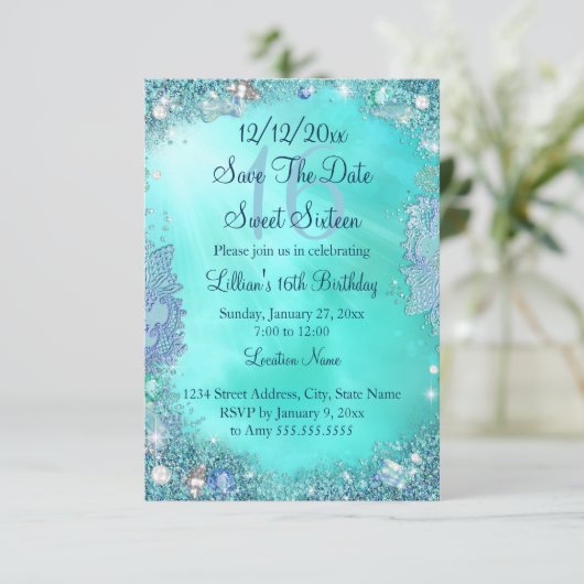 Sparen de Datum Blauwgroen Ocean Jewel Sweet 16 Save The Date (Staand voorkant)