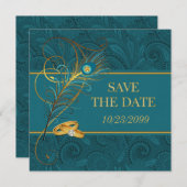Sparen de Datum Blauwgroen Weddenschap Peacock Save The Date (Voorkant / Achterkant)