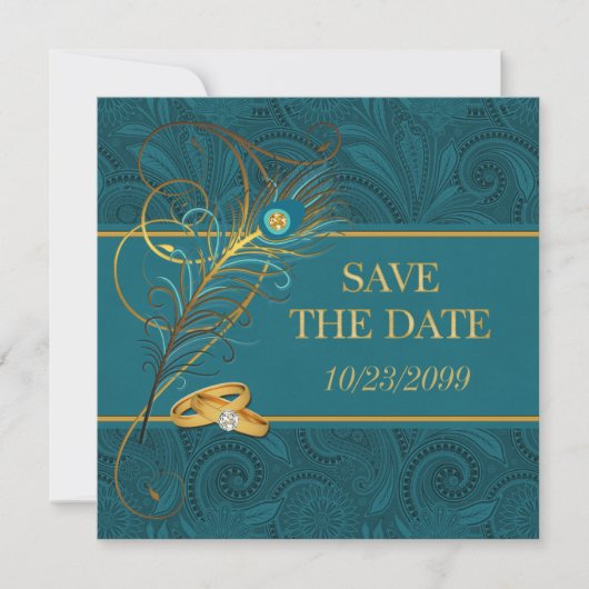 Sparen de Datum Blauwgroen Weddenschap Peacock Save The Date (Voorkant)