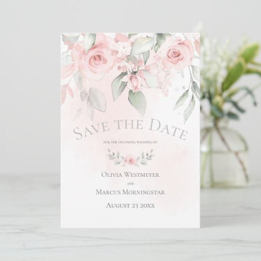 Sparen de Datum Bleke Roze Rozen van het Katoen Kaart (Staand voorkant)