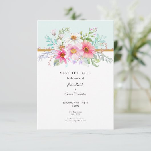 Sparen de Datum Bleke Turquoise Wildflower Bouquet Save The Date (Staand voorkant)