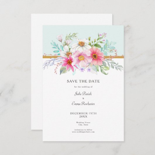 Sparen de Datum Bleke Turquoise Wildflower Bouquet Save The Date (Voorkant / Achterkant)