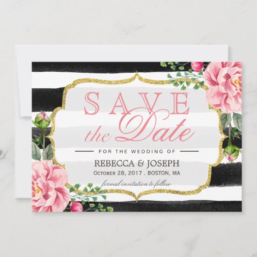 Sparen de Datum Blush Pink Floral Waterverf Stripe Save The Date (Voorkant)
