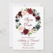 Sparen de Datum Bogundy Blue Floral Wreath Kaart (Voorkant)
