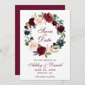Sparen de Datum Bogundy Blue Floral Wreath Kaart (Voorkant / Achterkant)