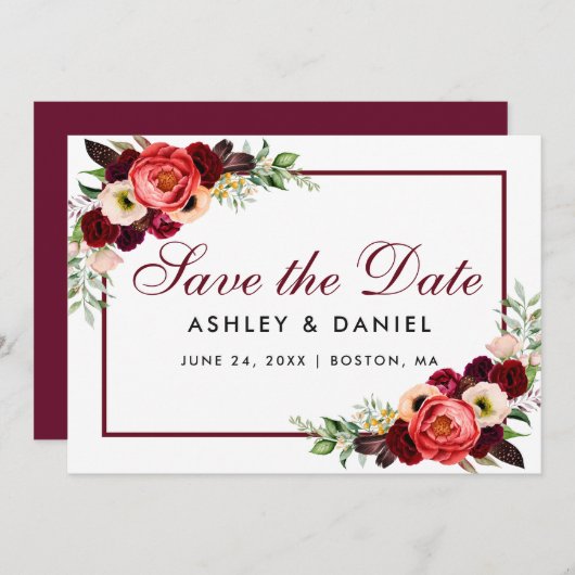 Sparen de Datum Bogundy Floral Kaart B (Voorkant / Achterkant)