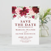 Sparen de Datum Bogundy Pink Waterverf Floral Kaart (Staand voorkant)