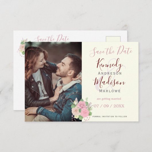 Sparen de Datum Boho Floral Roze Briefkaart (Voorkant / Achterkant)