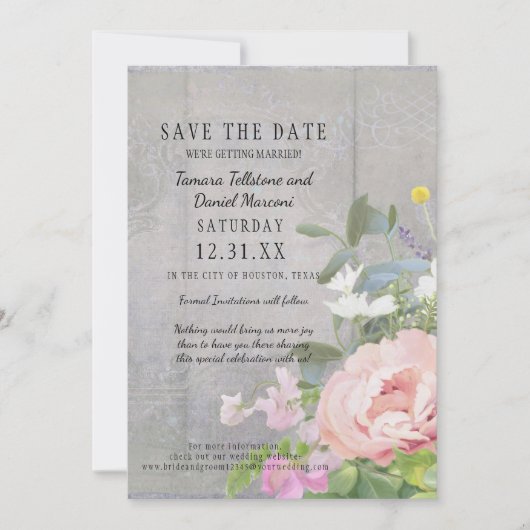 Sparen de Datum BOHO Rustic Floral Wood Barn Peoni Kaart (Voorkant)