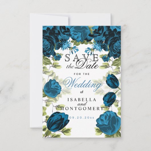 Sparen de Datum Botanische Blauwe Floral Save The Date (Voorkant)