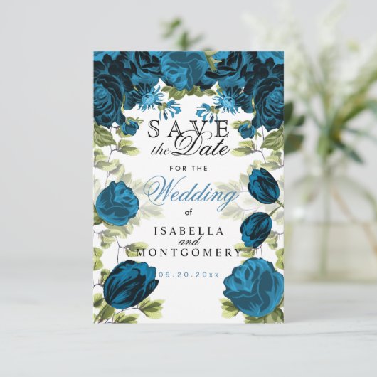 Sparen de Datum Botanische Blauwe Floral Save The Date (Staand voorkant)