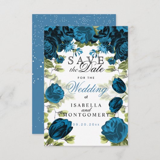 Sparen de Datum Botanische Blauwe Floral Save The Date (Voorkant / Achterkant)