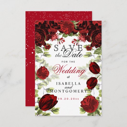 Sparen de Datum Botanische Donkerrode Floral Save The Date (Voorkant / Achterkant)